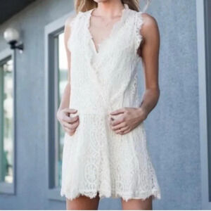 Free People Ivory Lace V Neck Sleeveless Mini Dress Boho Festival Size M